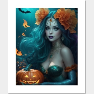 Orange Flowered Mermaid Posters and Art